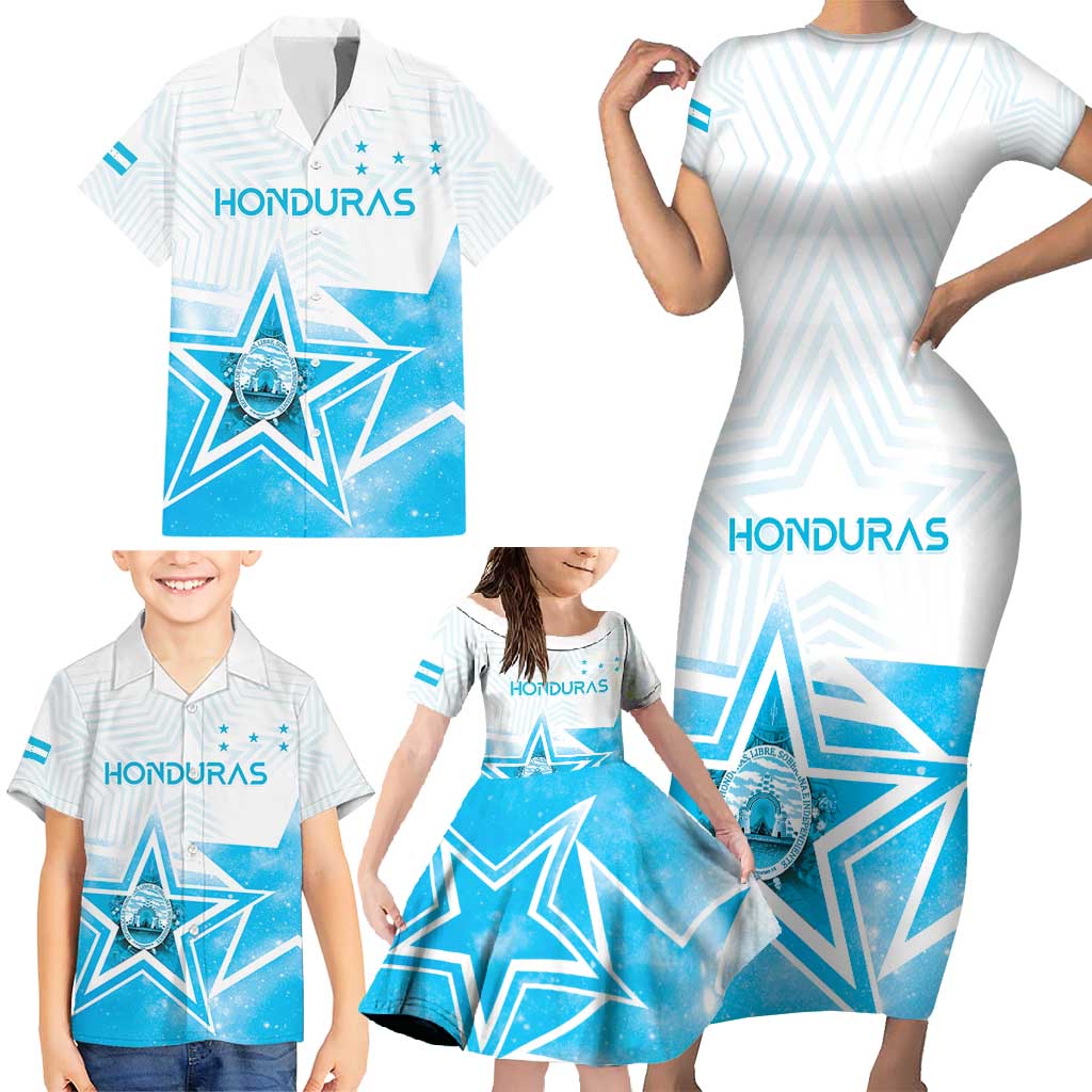 Personalized Honduras Family Matching Short Sleeve Bodycon Dress and Hawaiian Shirt A Nation of Stars Unity in Light - Wonder Print Shop