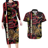 Personalized Belgium Couples Matching Long Sleeve Bodycon Dress and Hawaiian Shirt Lion Holding Flag - Wonder Print Shop