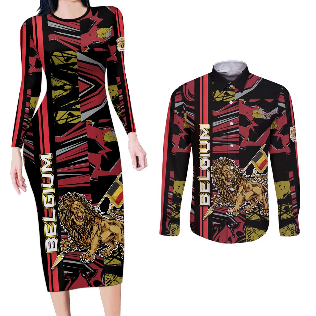 Personalized Belgium Couples Matching Long Sleeve Bodycon Dress and Long Sleeve Button Shirt Lion Holding Flag - Wonder Print Shop