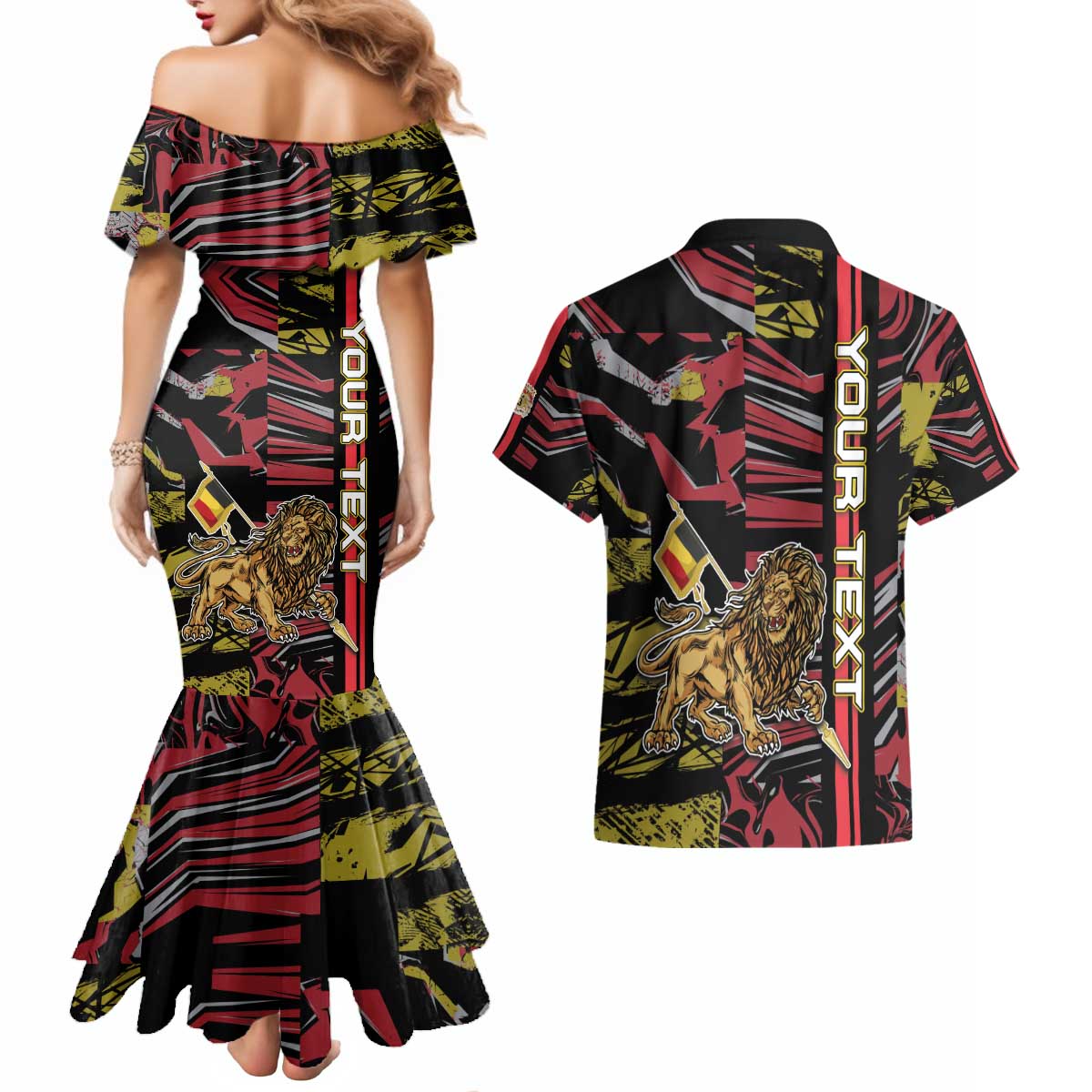 Personalized Belgium Couples Matching Mermaid Dress and Hawaiian Shirt Lion Holding Flag - Wonder Print Shop