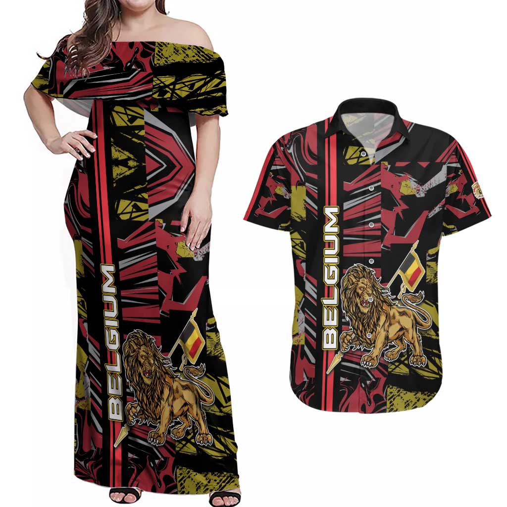 Personalized Belgium Couples Matching Off Shoulder Maxi Dress and Hawaiian Shirt Lion Holding Flag - Wonder Print Shop
