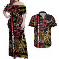 Personalized Belgium Couples Matching Off Shoulder Maxi Dress and Hawaiian Shirt Lion Holding Flag - Wonder Print Shop