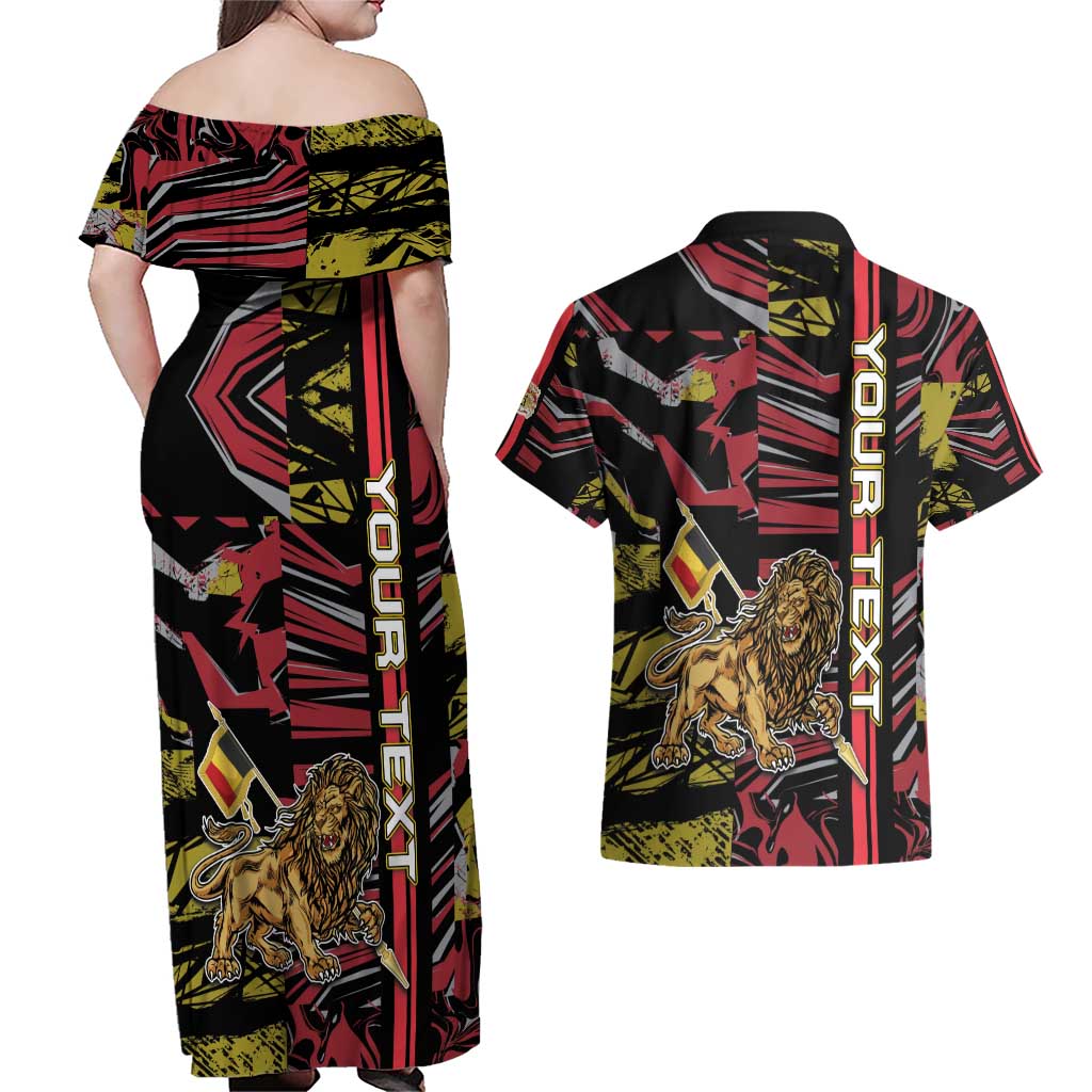 Personalized Belgium Couples Matching Off Shoulder Maxi Dress and Hawaiian Shirt Lion Holding Flag - Wonder Print Shop