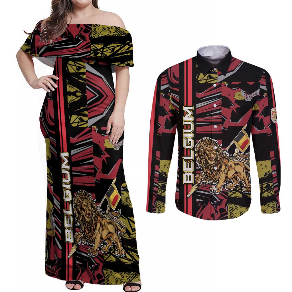 Personalized Belgium Couples Matching Off Shoulder Maxi Dress and Long Sleeve Button Shirt Lion Holding Flag - Wonder Print Shop