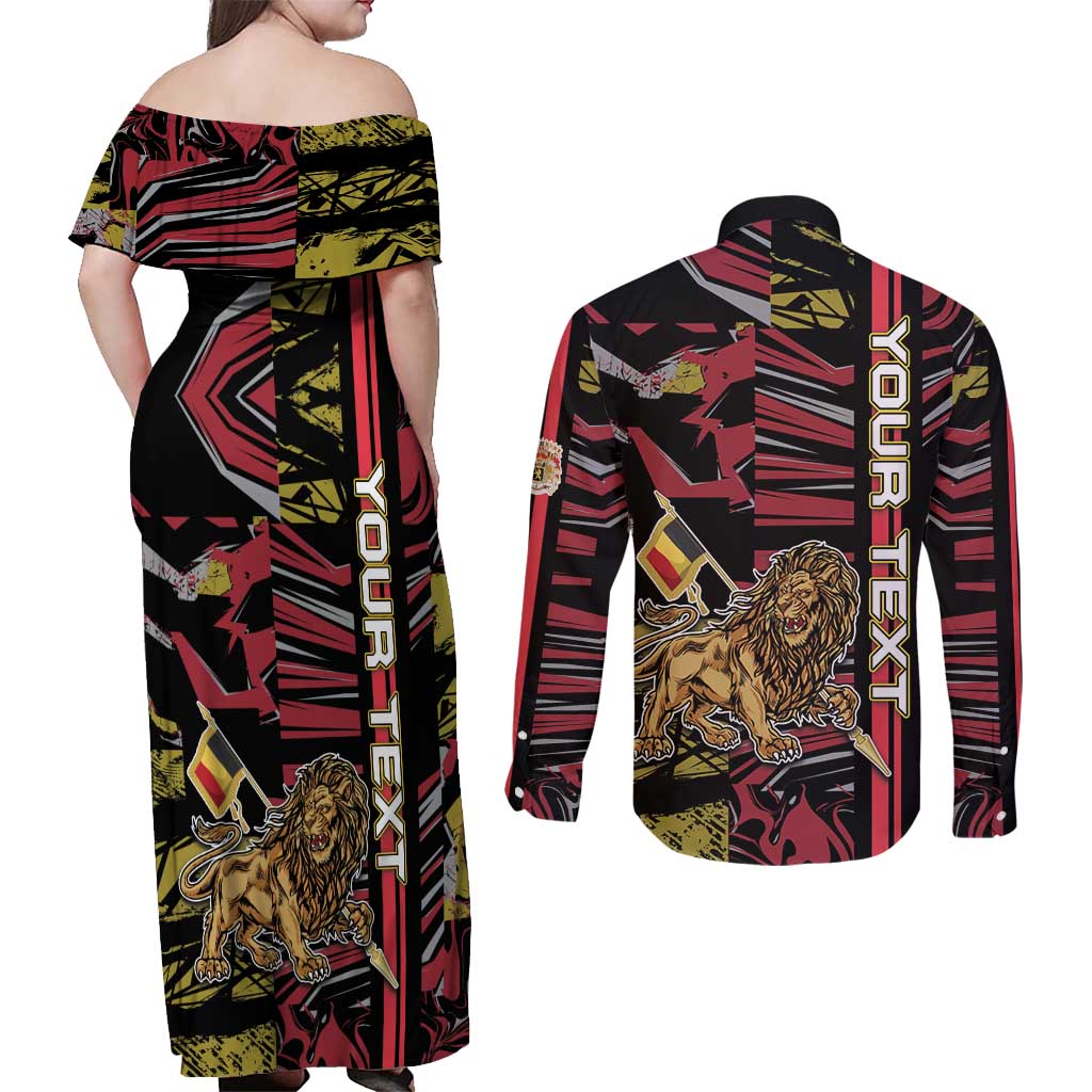 Personalized Belgium Couples Matching Off Shoulder Maxi Dress and Long Sleeve Button Shirt Lion Holding Flag - Wonder Print Shop