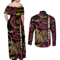 Personalized Belgium Couples Matching Off Shoulder Maxi Dress and Long Sleeve Button Shirt Lion Holding Flag - Wonder Print Shop
