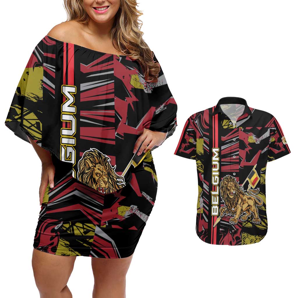 Personalized Belgium Couples Matching Off Shoulder Short Dress and Hawaiian Shirt Lion Holding Flag - Wonder Print Shop