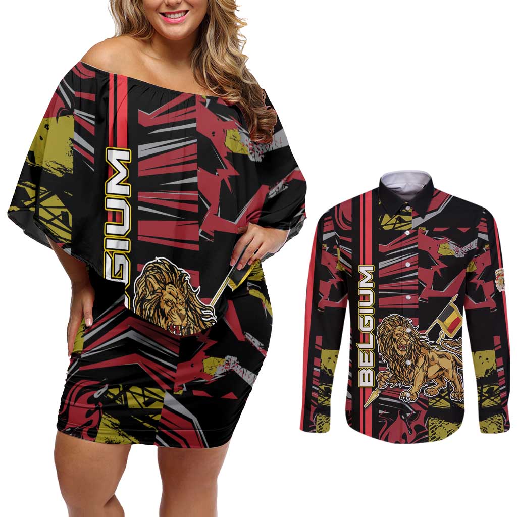 Personalized Belgium Couples Matching Off Shoulder Short Dress and Long Sleeve Button Shirt Lion Holding Flag - Wonder Print Shop