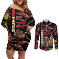 Personalized Belgium Couples Matching Off Shoulder Short Dress and Long Sleeve Button Shirt Lion Holding Flag - Wonder Print Shop