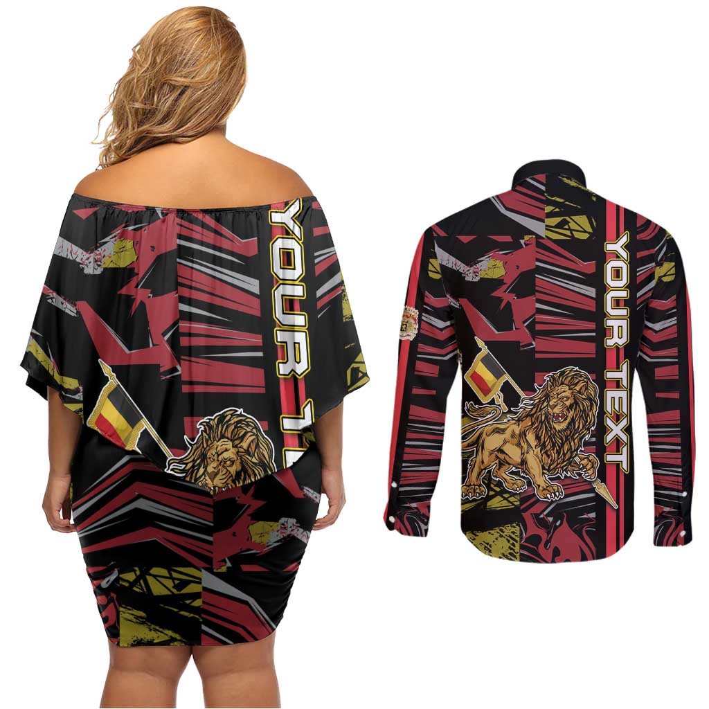 Personalized Belgium Couples Matching Off Shoulder Short Dress and Long Sleeve Button Shirt Lion Holding Flag - Wonder Print Shop
