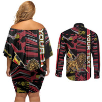 Personalized Belgium Couples Matching Off Shoulder Short Dress and Long Sleeve Button Shirt Lion Holding Flag - Wonder Print Shop