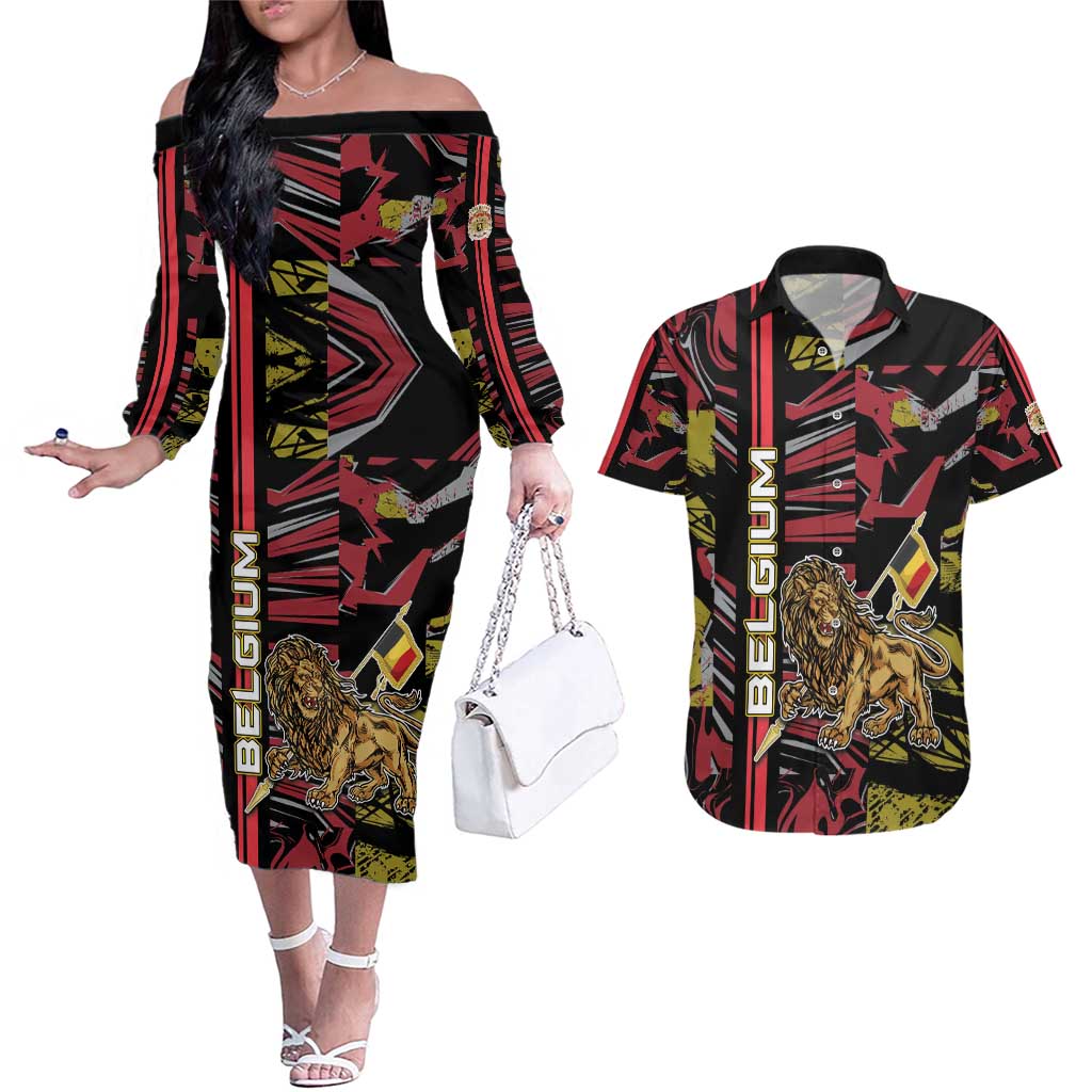 Personalized Belgium Couples Matching Off The Shoulder Long Sleeve Dress and Hawaiian Shirt Lion Holding Flag - Wonder Print Shop