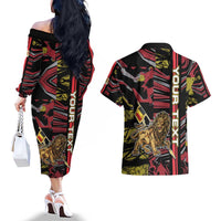 Personalized Belgium Couples Matching Off The Shoulder Long Sleeve Dress and Hawaiian Shirt Lion Holding Flag - Wonder Print Shop