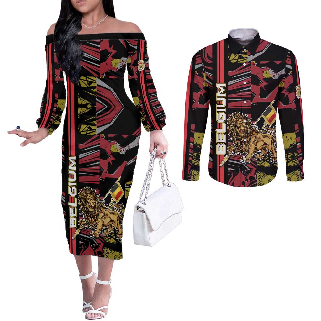 Personalized Belgium Couples Matching Off The Shoulder Long Sleeve Dress and Long Sleeve Button Shirt Lion Holding Flag - Wonder Print Shop