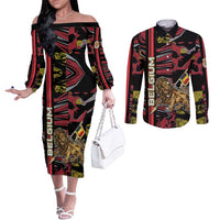 Personalized Belgium Couples Matching Off The Shoulder Long Sleeve Dress and Long Sleeve Button Shirt Lion Holding Flag - Wonder Print Shop