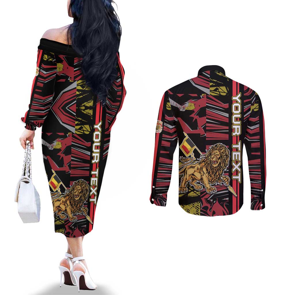 Personalized Belgium Couples Matching Off The Shoulder Long Sleeve Dress and Long Sleeve Button Shirt Lion Holding Flag - Wonder Print Shop