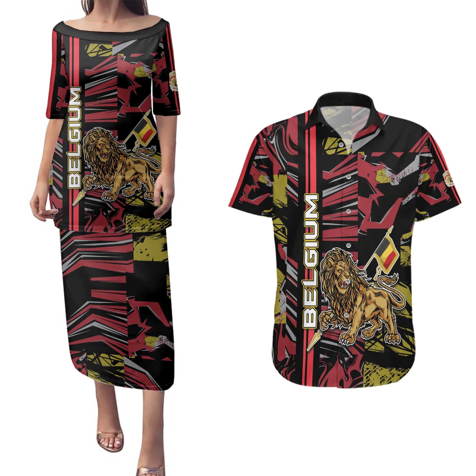 Personalized Belgium Couples Matching Puletasi and Hawaiian Shirt Lion Holding Flag - Wonder Print Shop