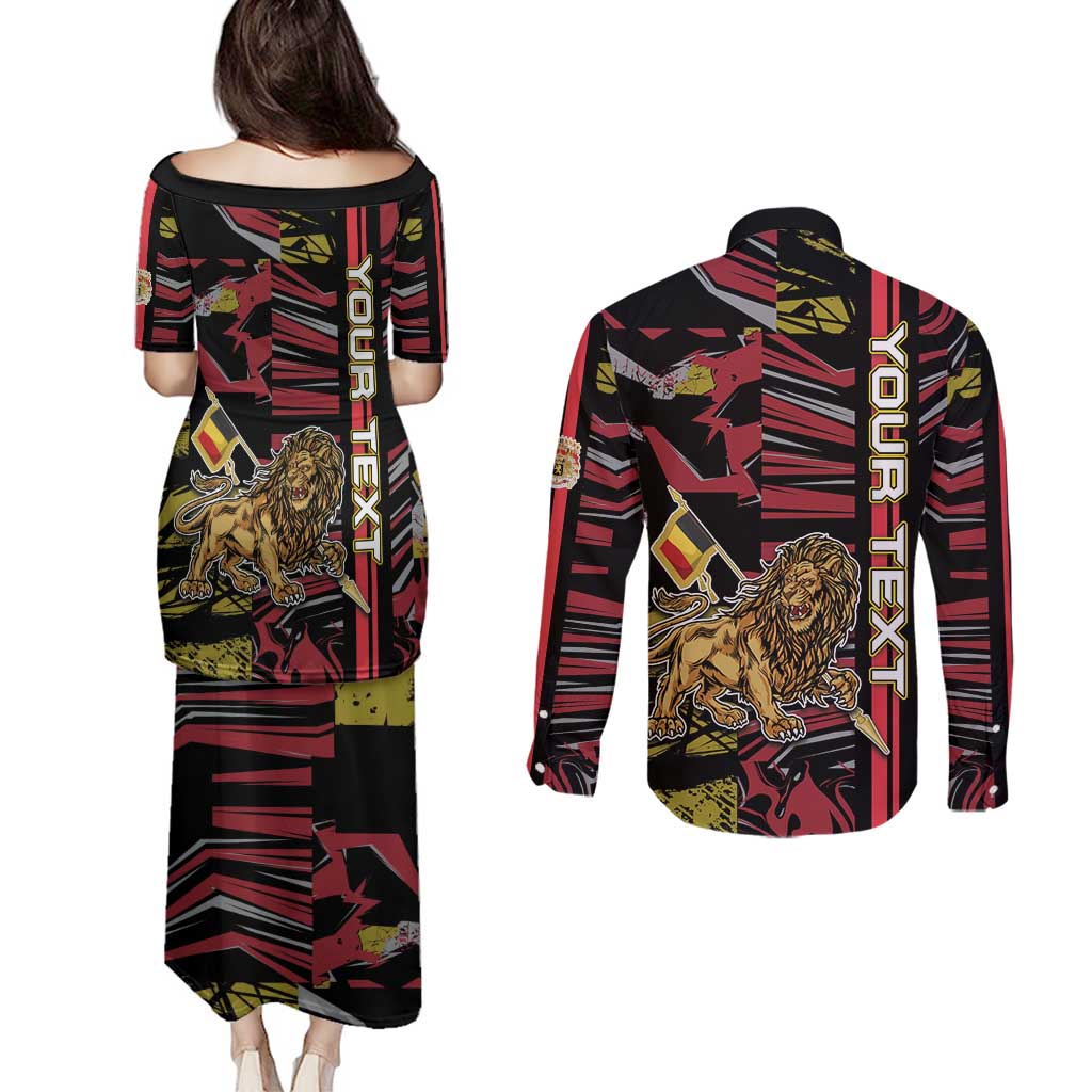 Personalized Belgium Couples Matching Puletasi and Long Sleeve Button Shirt Lion Holding Flag - Wonder Print Shop
