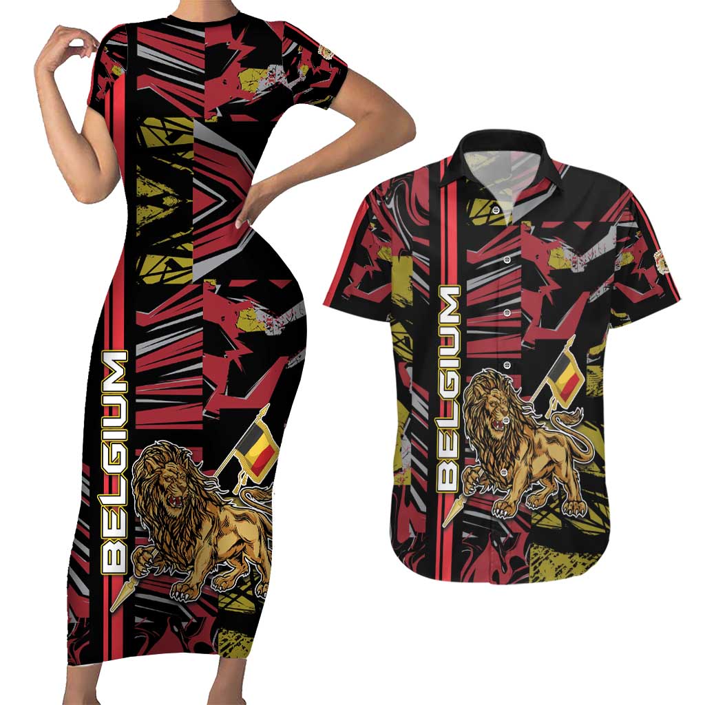 Personalized Belgium Couples Matching Short Sleeve Bodycon Dress and Hawaiian Shirt Lion Holding Flag - Wonder Print Shop