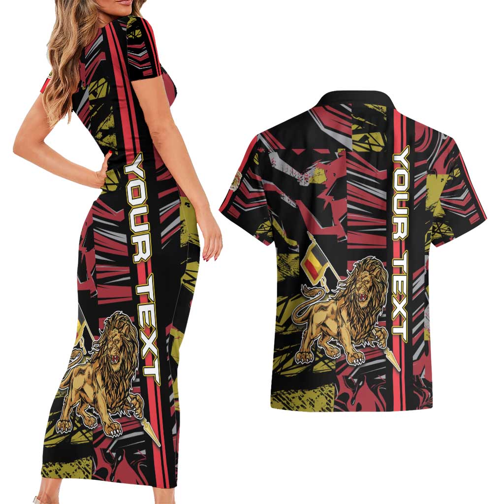 Personalized Belgium Couples Matching Short Sleeve Bodycon Dress and Hawaiian Shirt Lion Holding Flag - Wonder Print Shop
