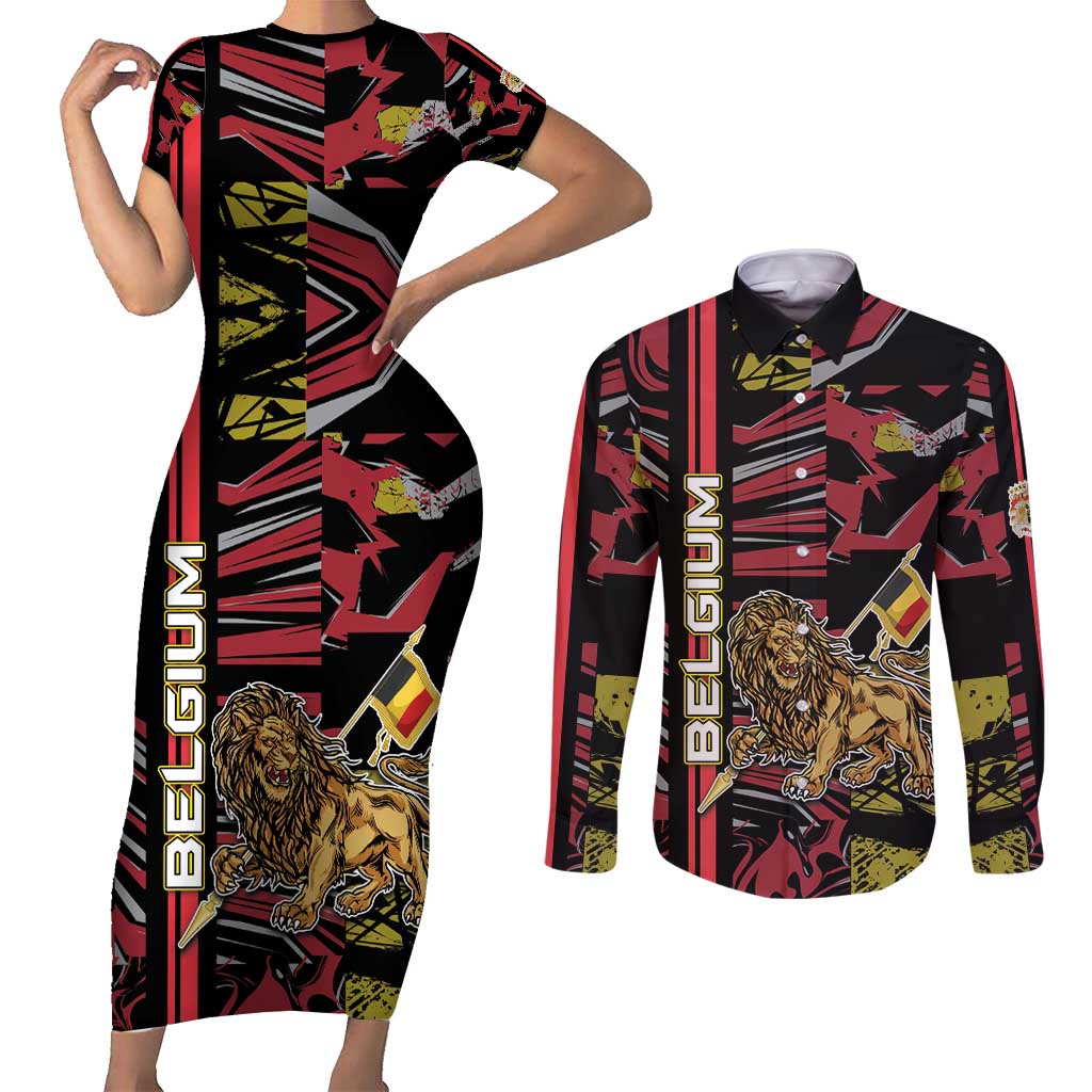 Personalized Belgium Couples Matching Short Sleeve Bodycon Dress and Long Sleeve Button Shirt Lion Holding Flag - Wonder Print Shop