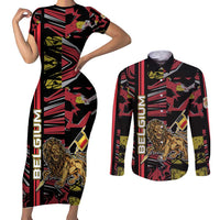Personalized Belgium Couples Matching Short Sleeve Bodycon Dress and Long Sleeve Button Shirt Lion Holding Flag - Wonder Print Shop
