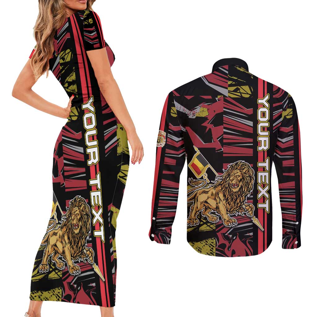 Personalized Belgium Couples Matching Short Sleeve Bodycon Dress and Long Sleeve Button Shirt Lion Holding Flag - Wonder Print Shop