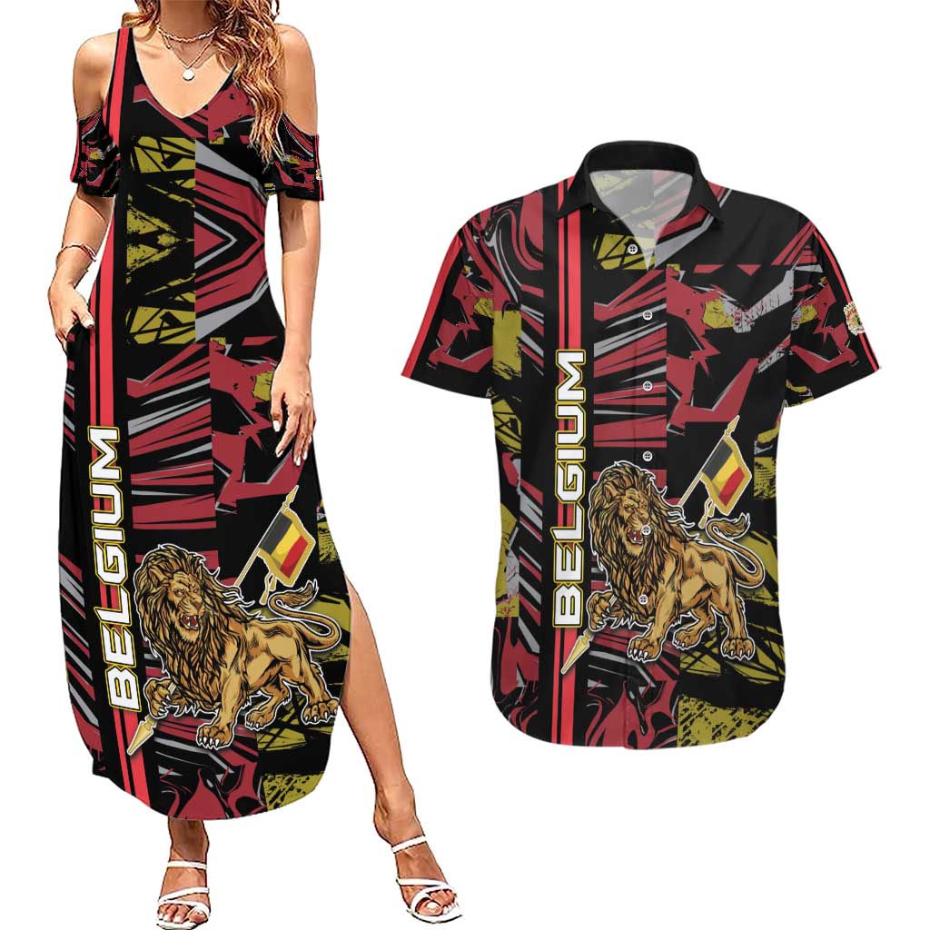 Personalized Belgium Couples Matching Summer Maxi Dress and Hawaiian Shirt Lion Holding Flag - Wonder Print Shop