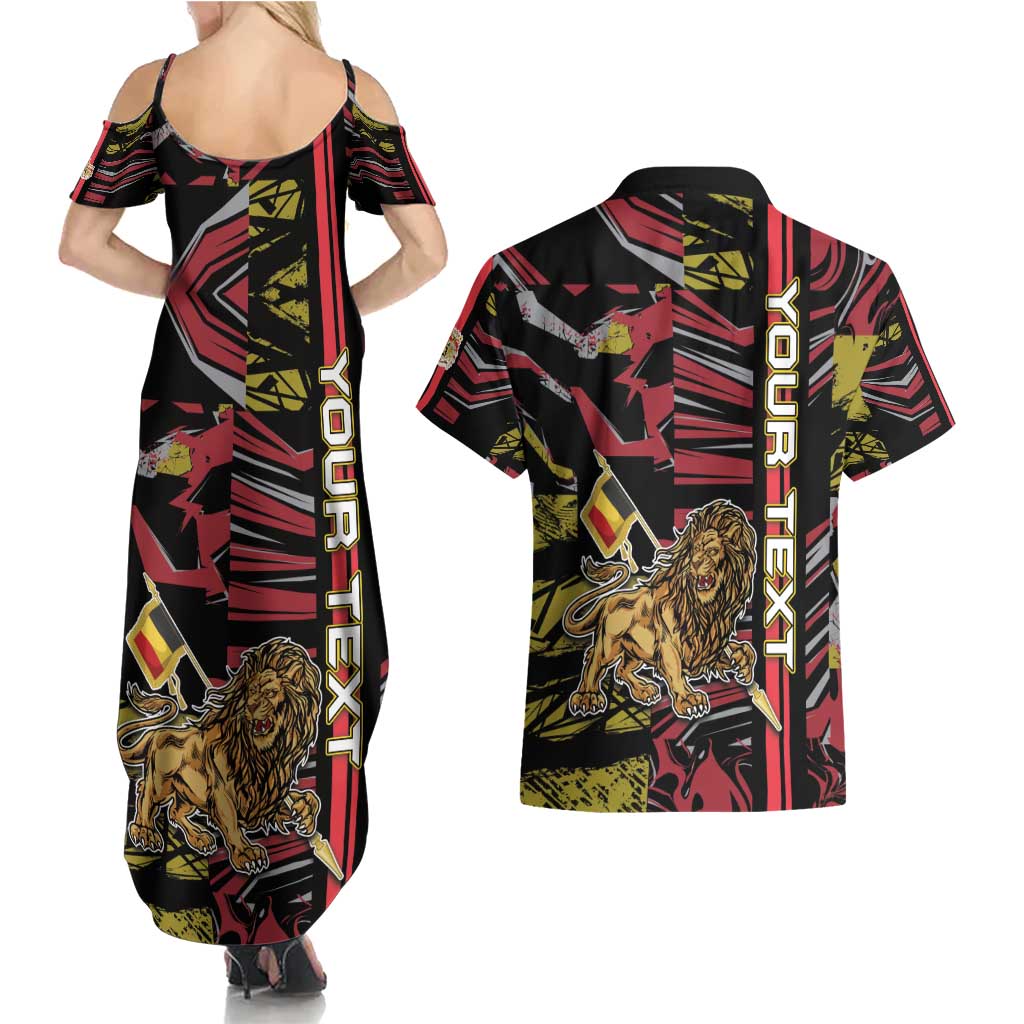 Personalized Belgium Couples Matching Summer Maxi Dress and Hawaiian Shirt Lion Holding Flag - Wonder Print Shop
