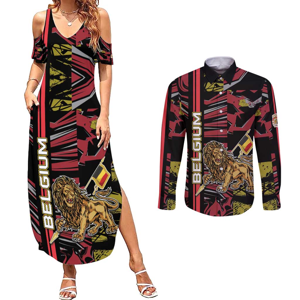 Personalized Belgium Couples Matching Summer Maxi Dress and Long Sleeve Button Shirt Lion Holding Flag - Wonder Print Shop