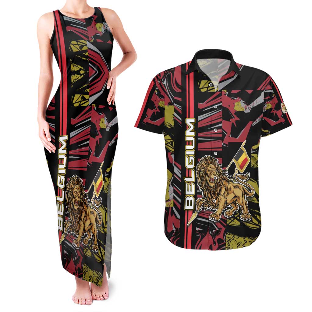 Personalized Belgium Couples Matching Tank Maxi Dress and Hawaiian Shirt Lion Holding Flag - Wonder Print Shop