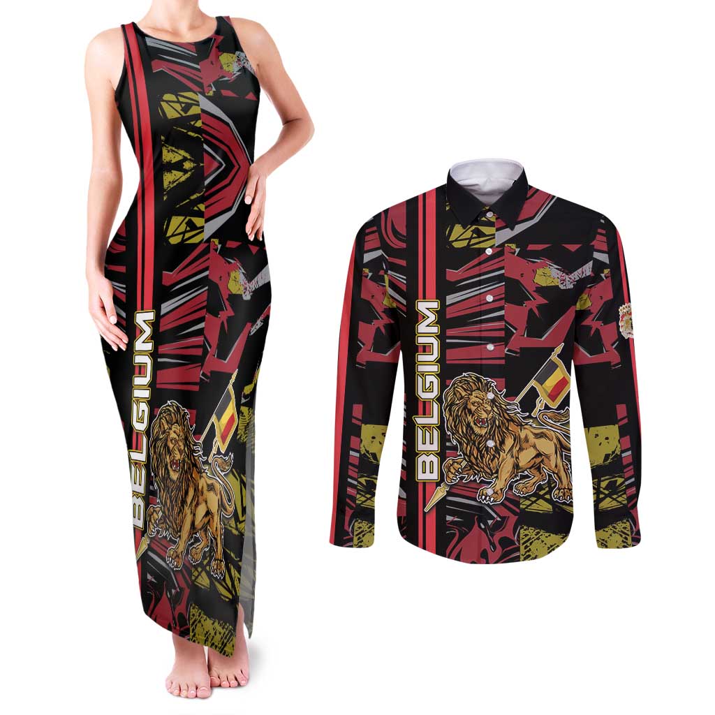 Personalized Belgium Couples Matching Tank Maxi Dress and Long Sleeve Button Shirt Lion Holding Flag - Wonder Print Shop