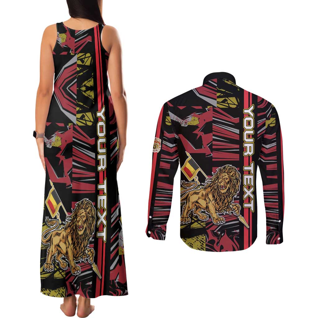 Personalized Belgium Couples Matching Tank Maxi Dress and Long Sleeve Button Shirt Lion Holding Flag - Wonder Print Shop