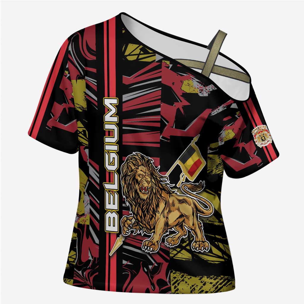 Personalized Belgium Cross Shoulder Shirt Lion Holding Flag - Wonder Print Shop