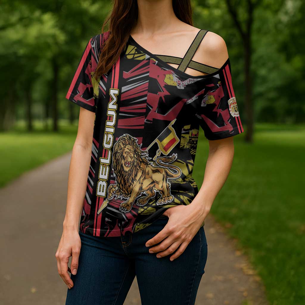 Personalized Belgium Cross Shoulder Shirt Lion Holding Flag - Wonder Print Shop
