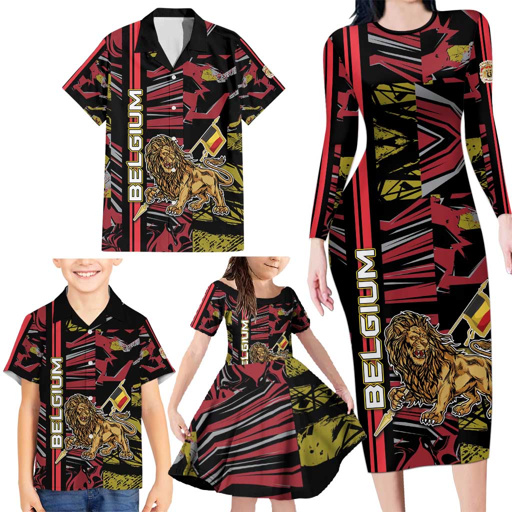 Personalized Belgium Family Matching Long Sleeve Bodycon Dress and Hawaiian Shirt Lion Holding Flag - Wonder Print Shop