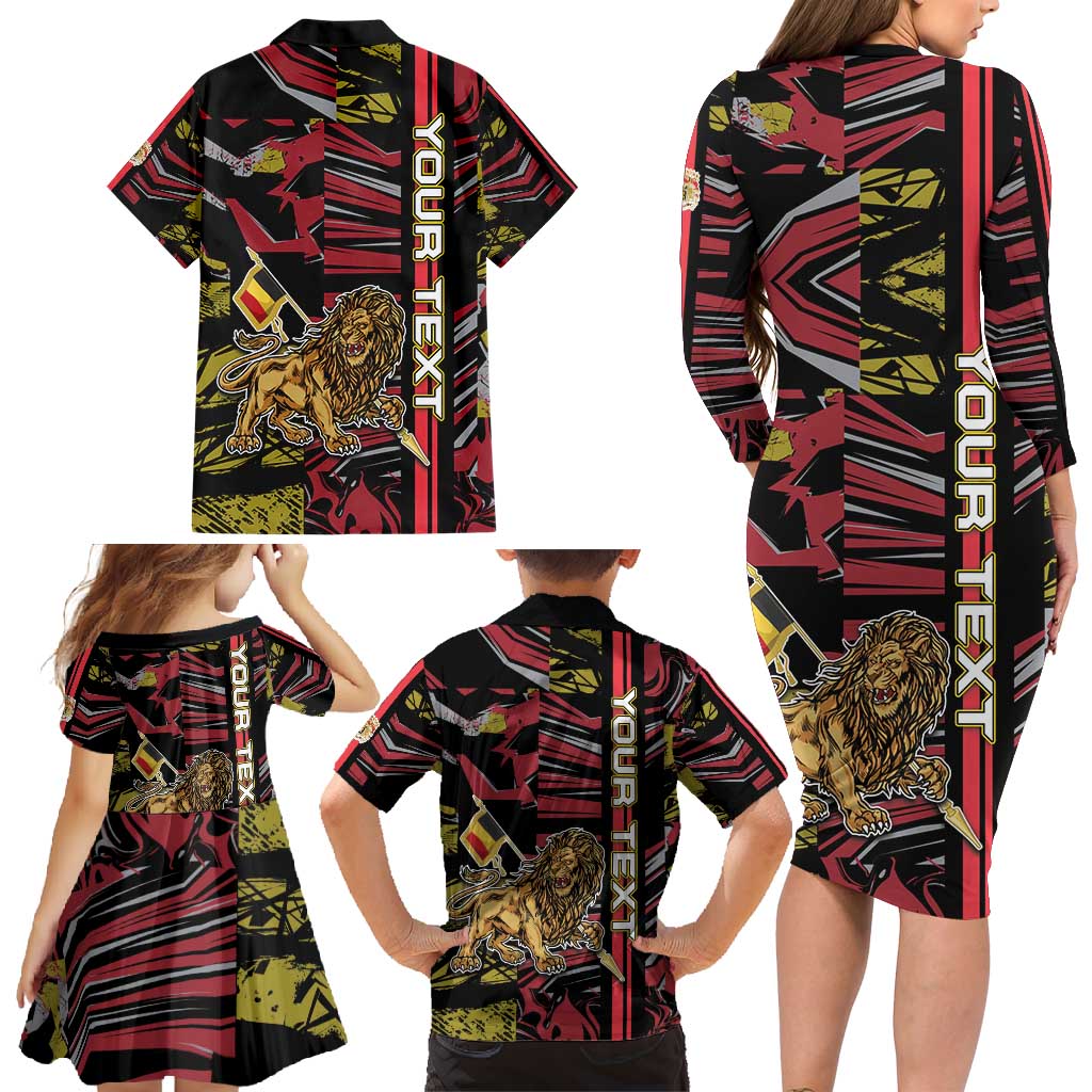Personalized Belgium Family Matching Long Sleeve Bodycon Dress and Hawaiian Shirt Lion Holding Flag - Wonder Print Shop
