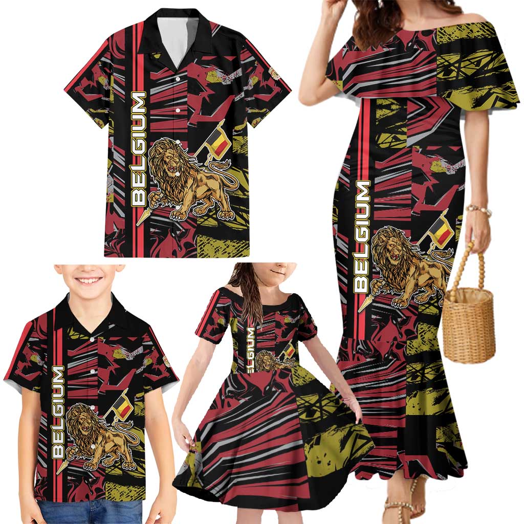 Personalized Belgium Family Matching Mermaid Dress and Hawaiian Shirt Lion Holding Flag - Wonder Print Shop