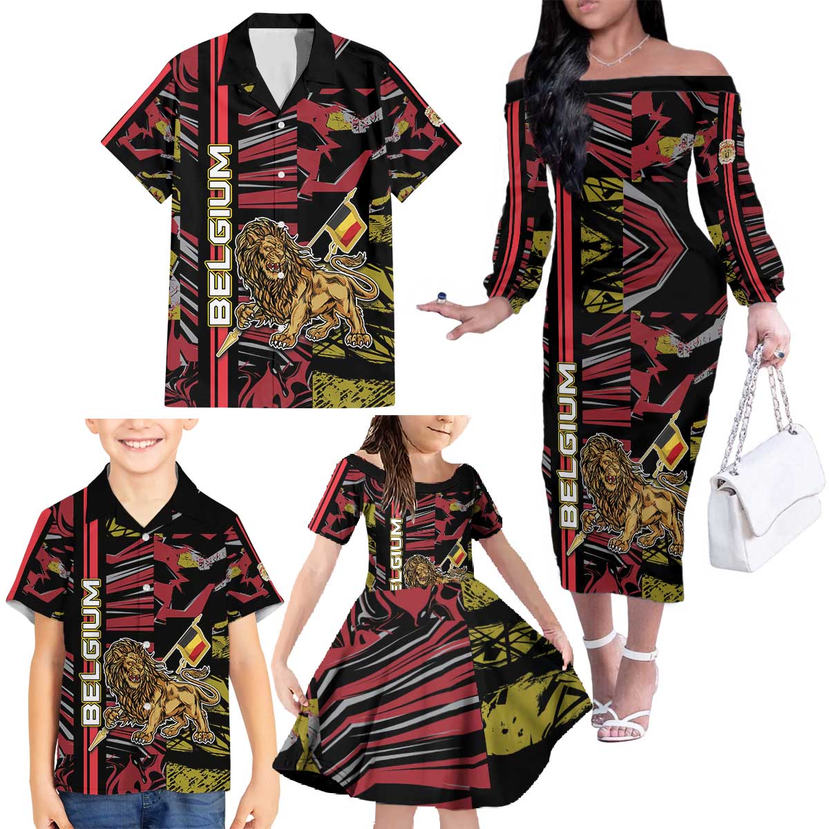 Personalized Belgium Family Matching Off The Shoulder Long Sleeve Dress and Hawaiian Shirt Lion Holding Flag - Wonder Print Shop