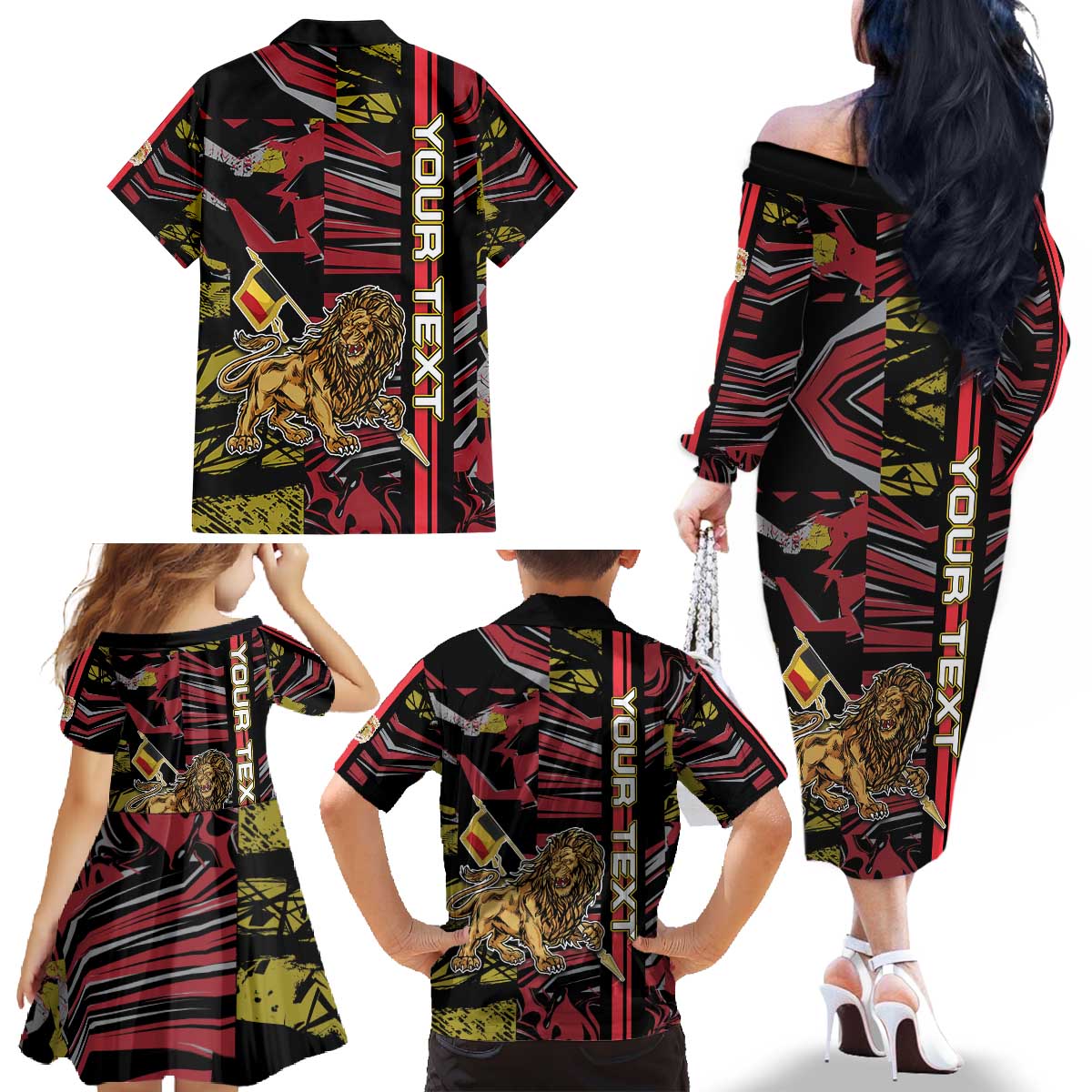 Personalized Belgium Family Matching Off The Shoulder Long Sleeve Dress and Hawaiian Shirt Lion Holding Flag - Wonder Print Shop