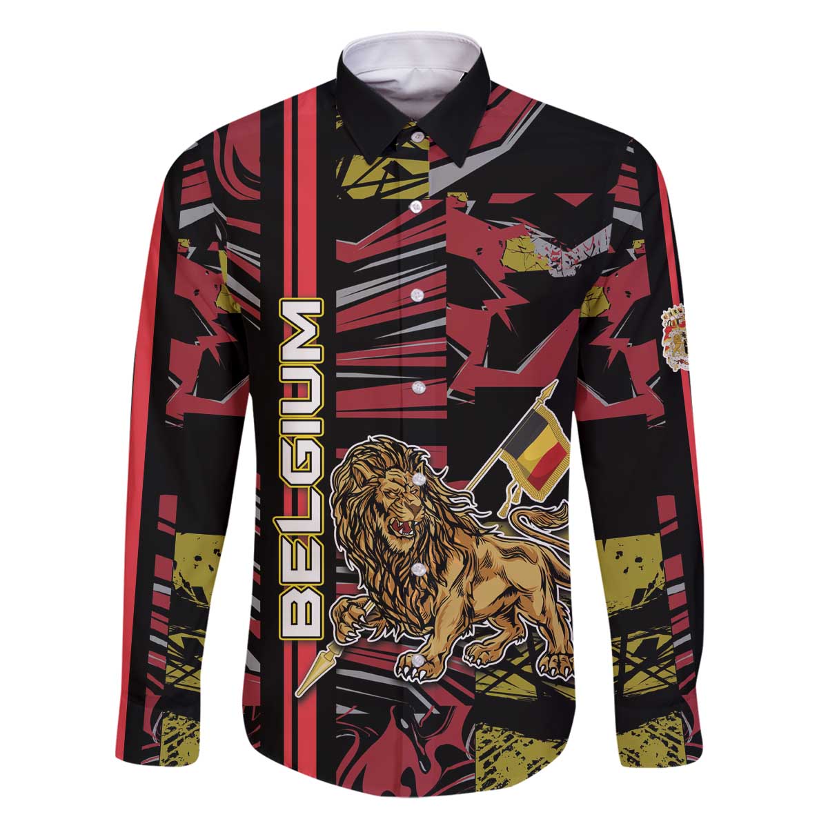 Personalized Belgium Family Matching Off The Shoulder Long Sleeve Dress and Hawaiian Shirt Lion Holding Flag - Wonder Print Shop