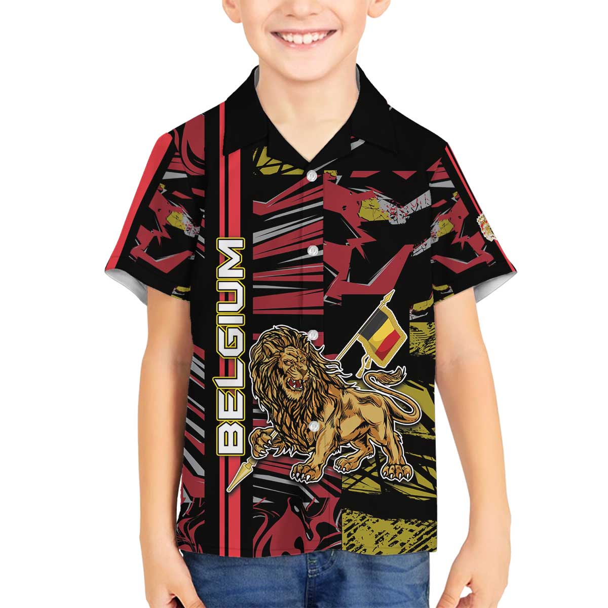 Personalized Belgium Family Matching Off The Shoulder Long Sleeve Dress and Hawaiian Shirt Lion Holding Flag - Wonder Print Shop