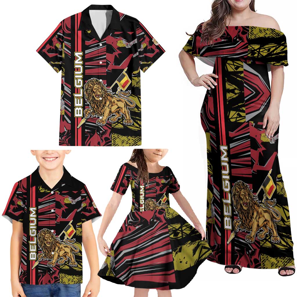 Personalized Belgium Family Matching Off Shoulder Maxi Dress and Hawaiian Shirt Lion Holding Flag - Wonder Print Shop
