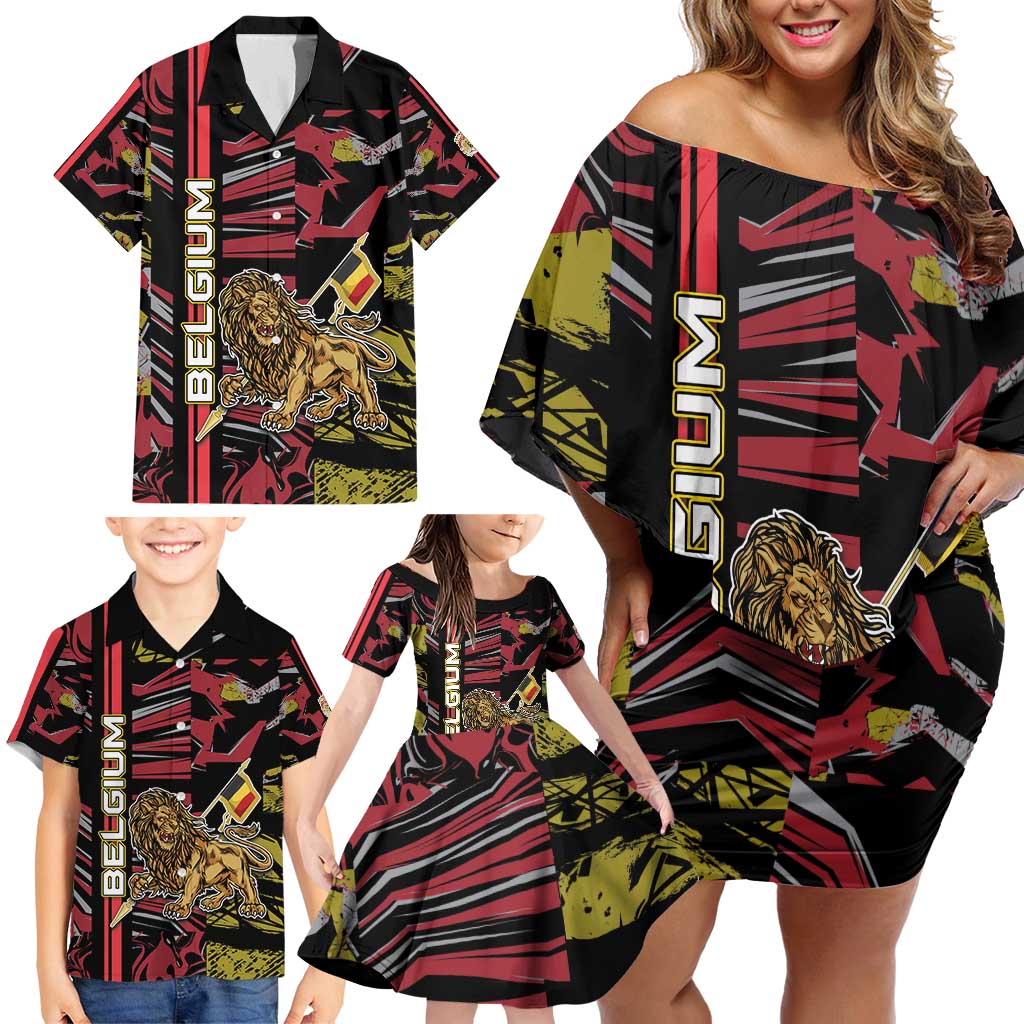 Personalized Belgium Family Matching Off Shoulder Short Dress and Hawaiian Shirt Lion Holding Flag - Wonder Print Shop