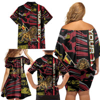 Personalized Belgium Family Matching Off Shoulder Short Dress and Hawaiian Shirt Lion Holding Flag - Wonder Print Shop