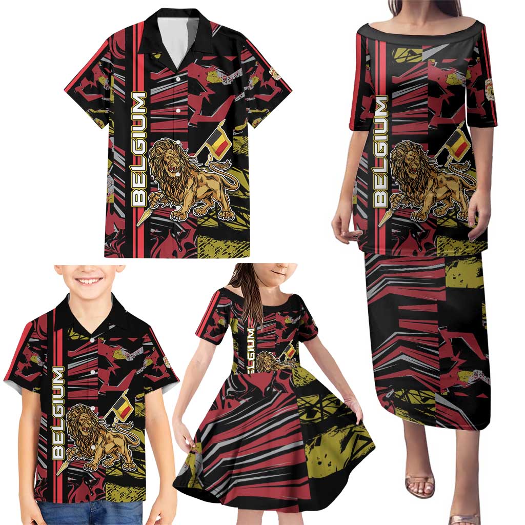 Personalized Belgium Family Matching Puletasi and Hawaiian Shirt Lion Holding Flag - Wonder Print Shop