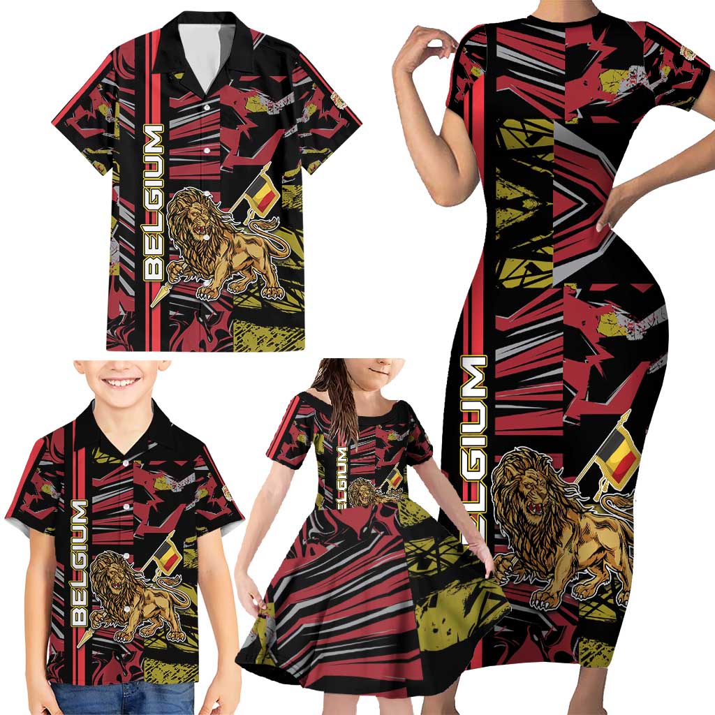 Personalized Belgium Family Matching Short Sleeve Bodycon Dress and Hawaiian Shirt Lion Holding Flag - Wonder Print Shop