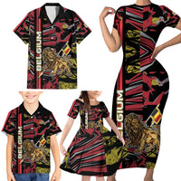 Personalized Belgium Family Matching Short Sleeve Bodycon Dress and Hawaiian Shirt Lion Holding Flag - Wonder Print Shop