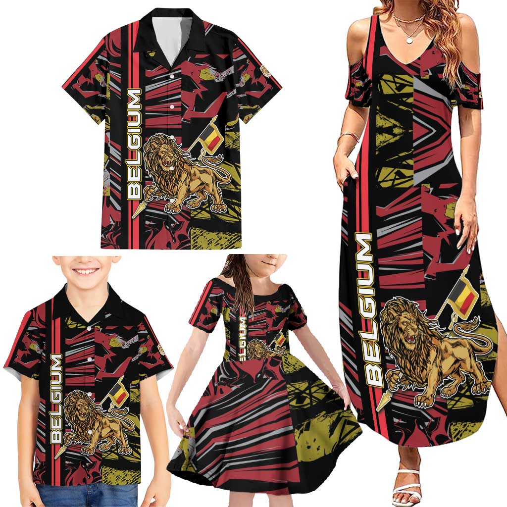 Personalized Belgium Family Matching Summer Maxi Dress and Hawaiian Shirt Lion Holding Flag - Wonder Print Shop