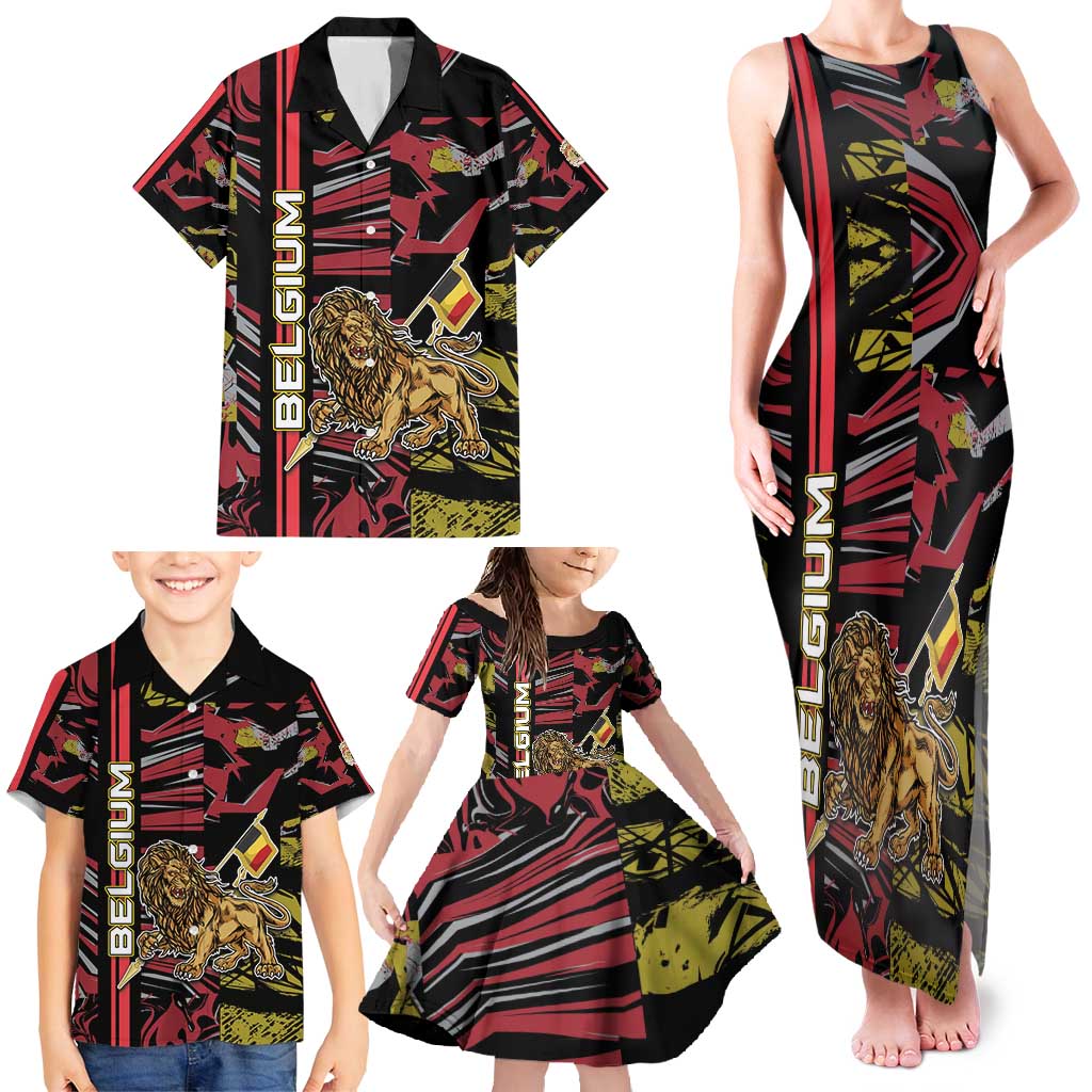 Personalized Belgium Family Matching Tank Maxi Dress and Hawaiian Shirt Lion Holding Flag - Wonder Print Shop